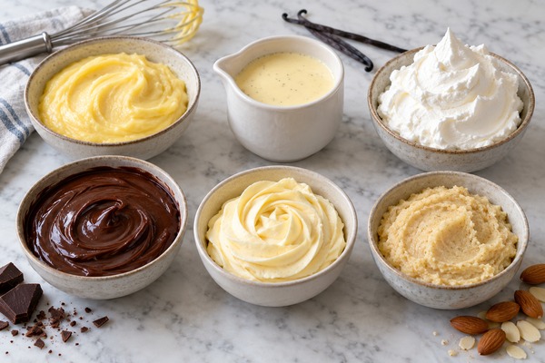 Six préparations de pâtisserie : crème pâtissière, anglaise, chantilly, ganache, crème au beurre et crème d’amande