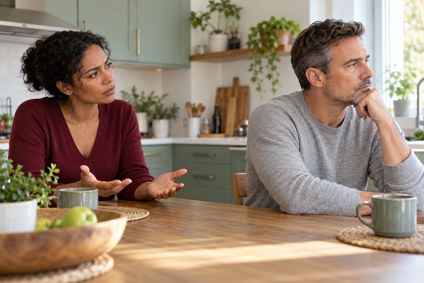 Couple à une table de cuisine, un partenaire détourne le regard pendant une conversation difficile