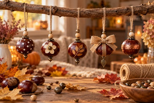Cinq marrons d’Inde décorés de motifs floraux, de rubans et de perles suspendus à une branche