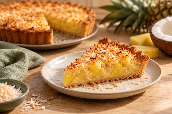 Part de tarte à l’ananas et à la noix de coco sur une assiette claire