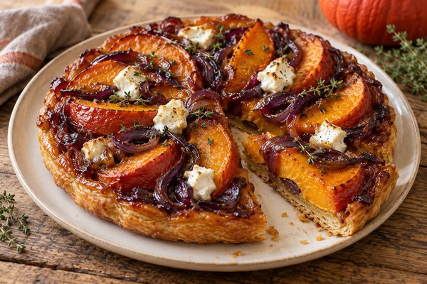 Tatin salée au potimarron et aux oignons rouges caramélisés, garnie de chèvre et de thym.