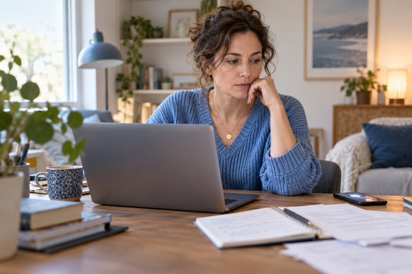 Femme à son bureau dont l’attention est attirée par un téléphone près de son ordinateur