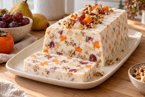 Terrine au fromage blanc, poires, raisins, kaki et noix, avec une tranche sur un plat