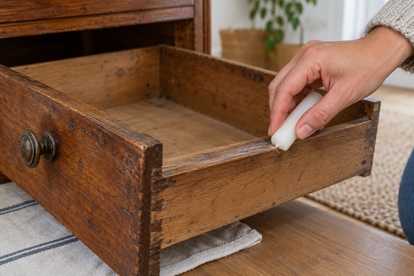 Une main applique de la cire de bougie sur le bord d’un tiroir en bois