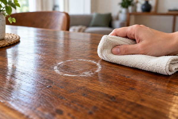 Auréole blanche sur une table en bois verni près d’un chiffon doux