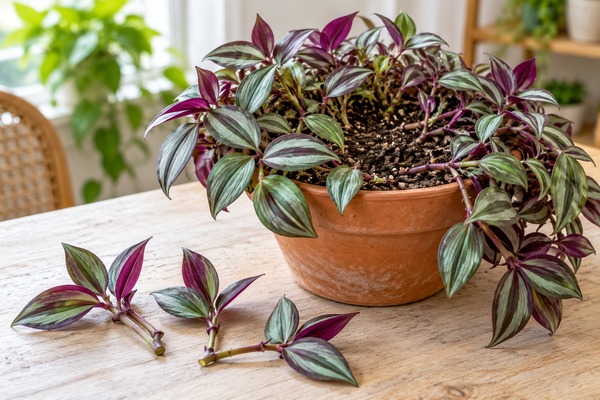 Tradescantia zebrina en pot avec des espaces dégarnis et des boutures posées à côté