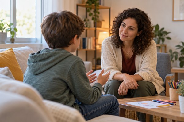 Un enfant de dos échange avec une adulte attentive dans un espace calme et rassurant.