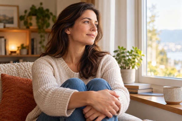 Femme pensive près d’une fenêtre dans un intérieur chaleureux