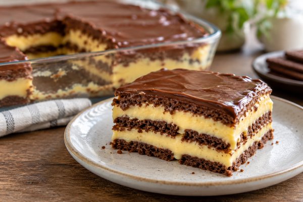 Part de trifle aux biscuits au chocolat et à la crème vanillée, recouverte de nappage chocolaté