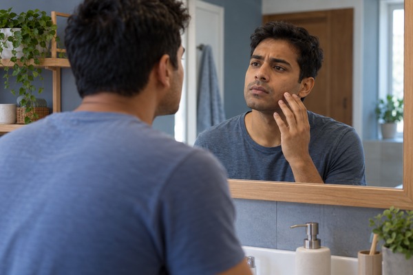 Un homme observe son visage dans un miroir avec une expression préoccupée.
