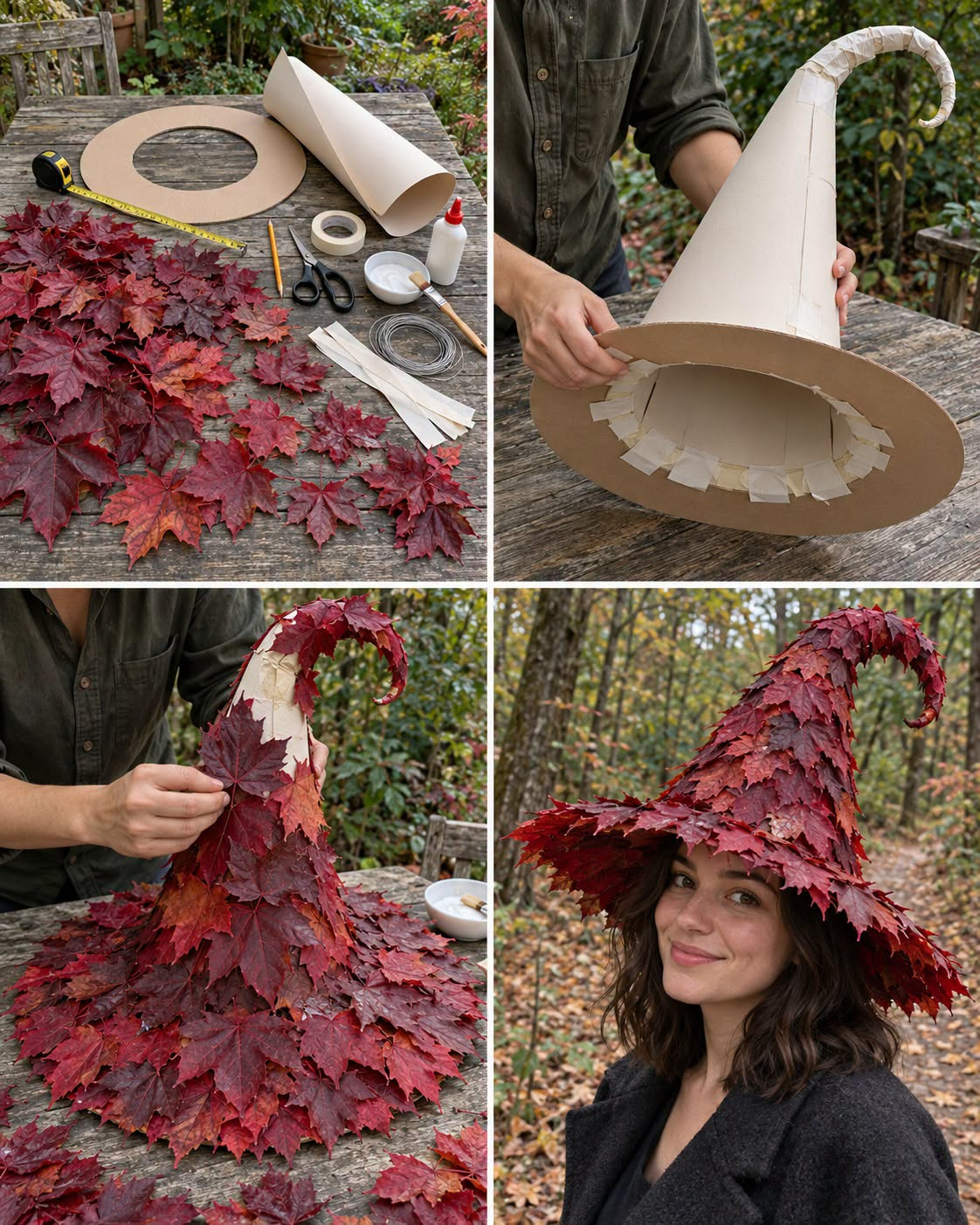Quatre étapes pour fabriquer un chapeau de sorcière avec du carton et des feuilles d’automne
