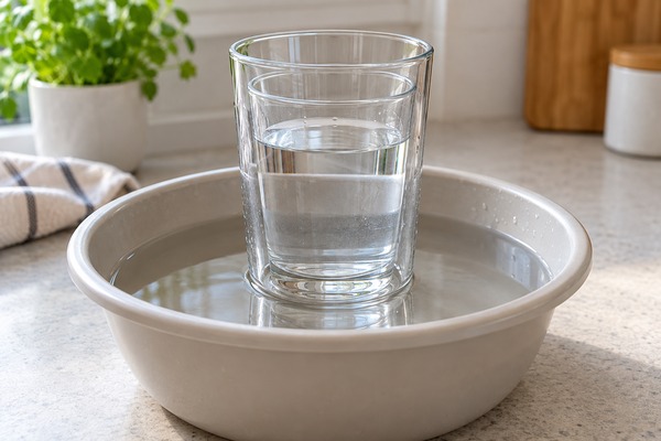Deux verres emboîtés dans une bassine d’eau tiède, avec de l’eau fraîche dans le verre intérieur