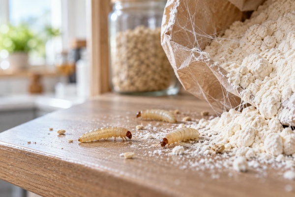 Larves de mites alimentaires près d’un sachet de farine dans une cuisine