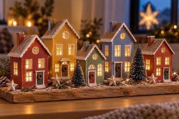 Maisons de Noël en carton peint aux façades colorées et aux fenêtres éclairées par des LED