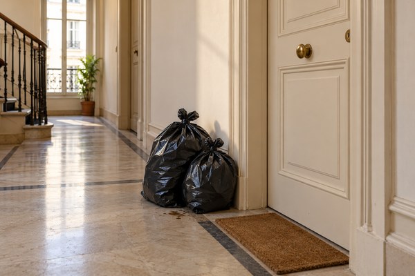Deux sacs-poubelle déposés près de la porte d’un appartement sur un palier